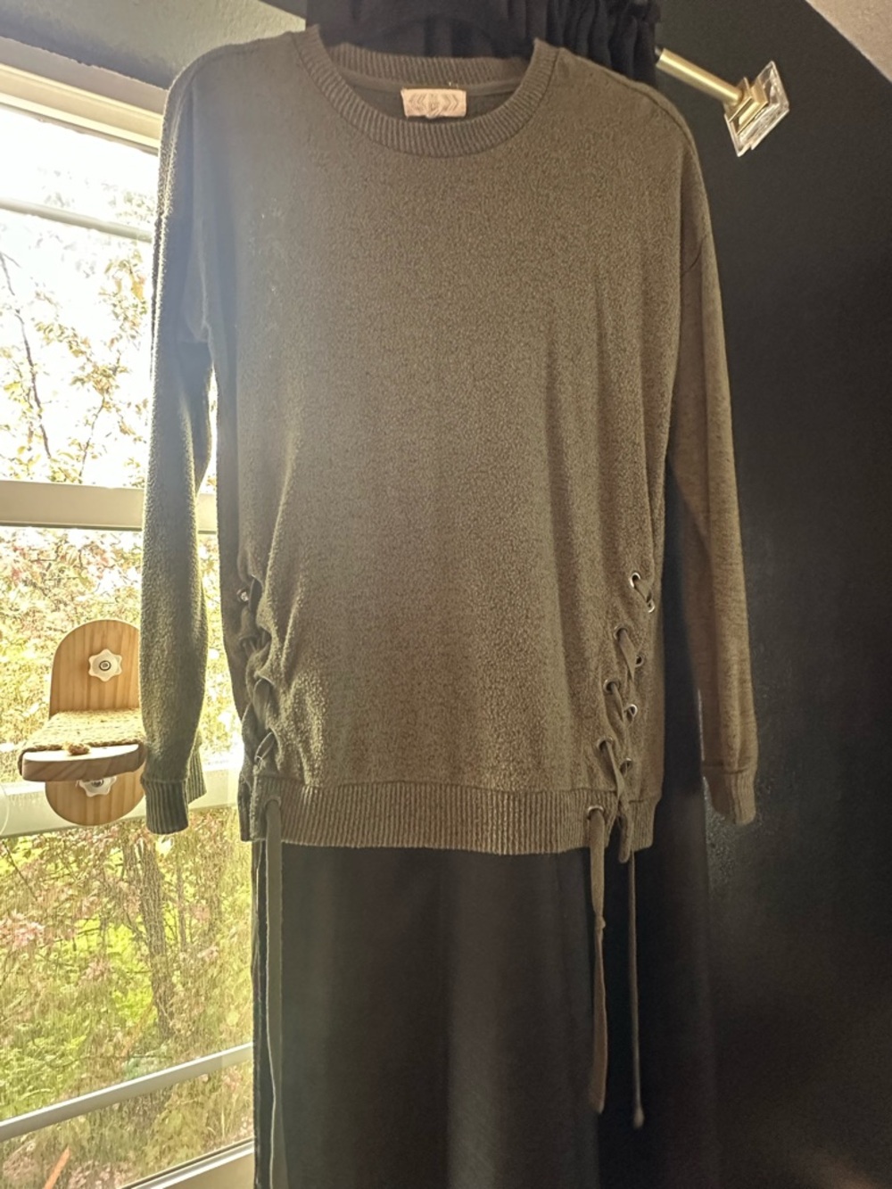 Pink Rose Olive Green Lace-Up Long Sleeve Sweater